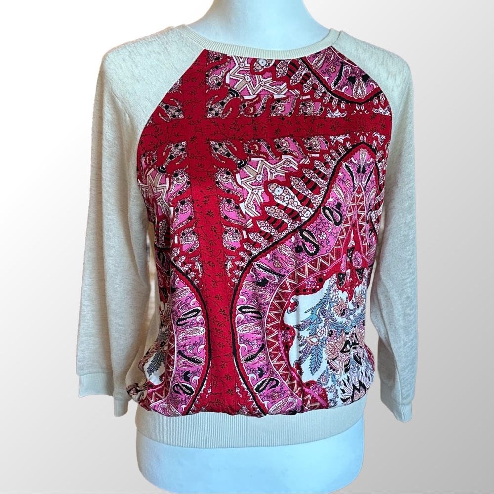 Anthropologie Tiny Abstract/Paisley/Bandana Print Red Knit Pullover, Medium